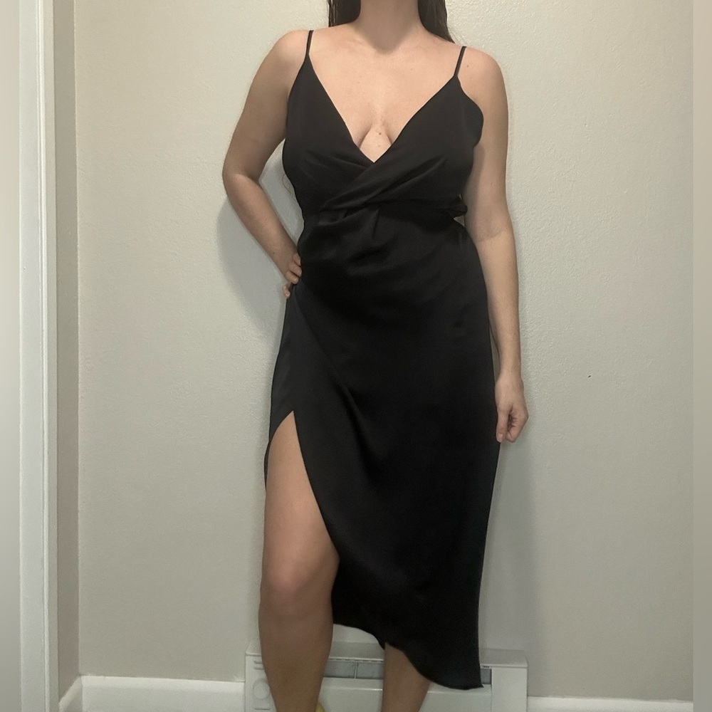 Ramy Brook Black Satin Slip Dress Womens Medium Plunging Neck Wrap Slit Midi